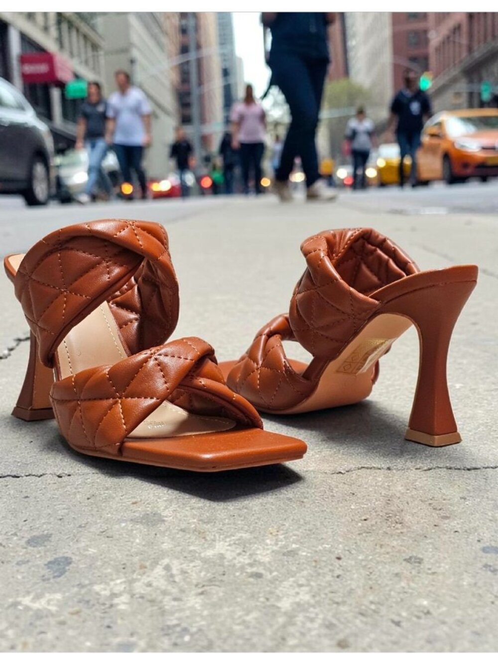 Quilted Tan Faux Leather Heeled Sandals With Square Toe & Padded Straps - Elegan
